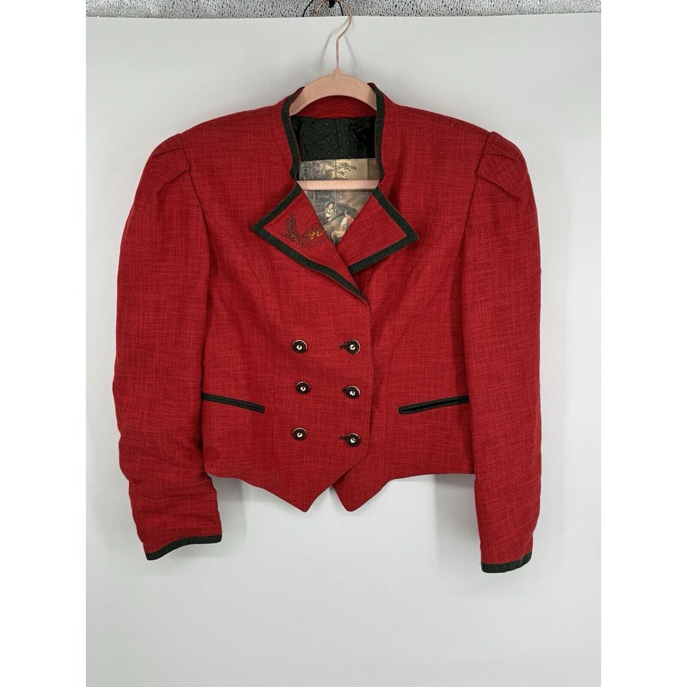 Red Linen Wool Blend Austrian Double Breasted Jacket Embroidered Octoberfest